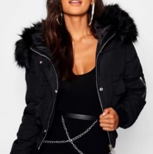 Luxe Faux Fur Hood Sport Cropped Coat NEW